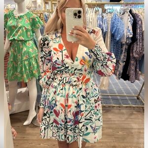 elliatt seabreeze whtie floral butterfly print belted long sleeve mini dress XS